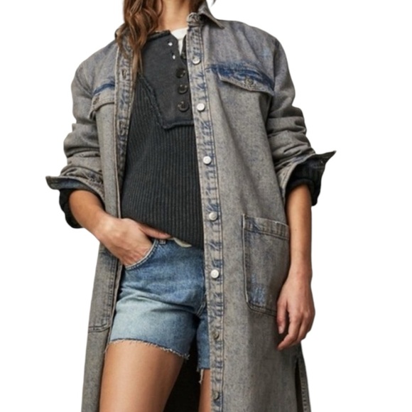 Free People Anna Lou Button Front Denim Longline Dress Duster Jacket Size M - Picture 2 of 7